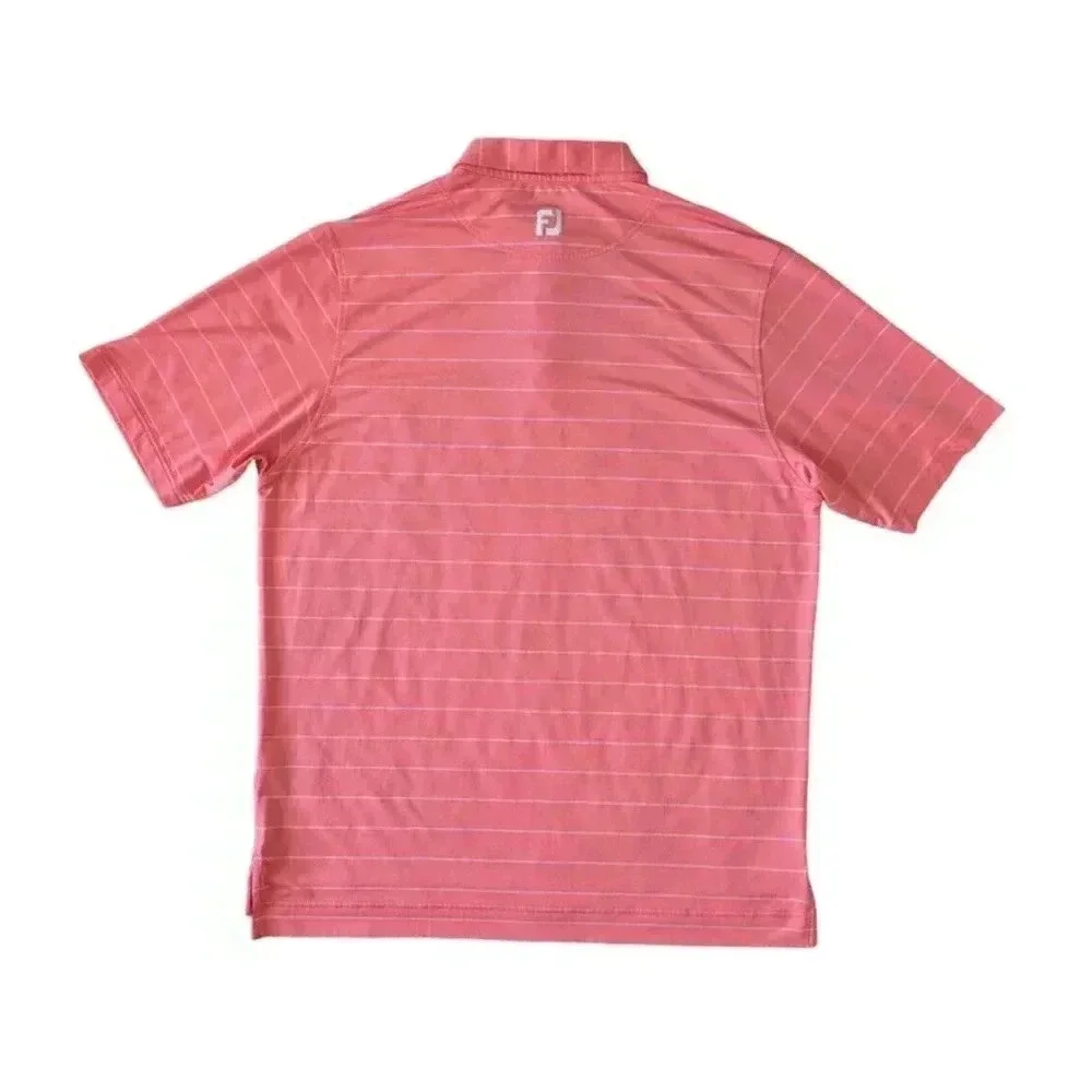 Footjoy Bright Coral Pink White Striped Polo Short Sleeve Shirt Large Wicking
